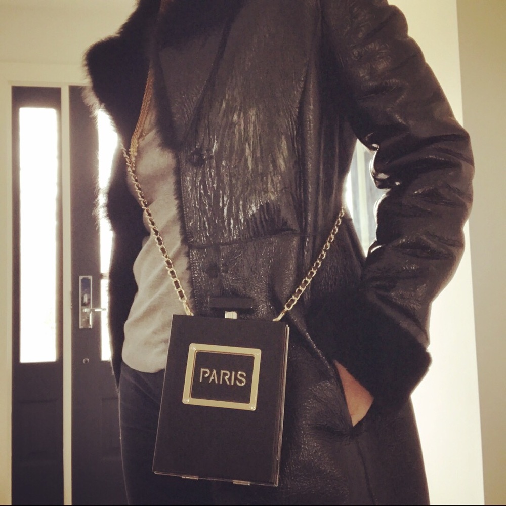 Paris designer Perfume clutch bag chanel inspo